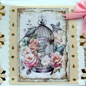Pink Flowers & Birds, Hand Crafted Decoupage Card, Blank for any Occasion (2568) Layered Card, Get Well Card, Birthday Card Flower Card