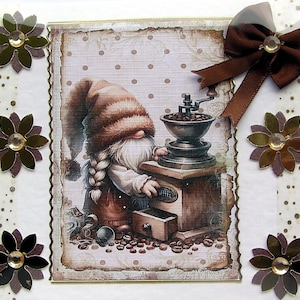 Kaffee-Barista-Wichtel - Handgefertigte Decoupage-Grußkarte, blanko für jeden Anlass (2824), Geburtstagskarte, Fee, Karte, Kaffee, als Geschenk