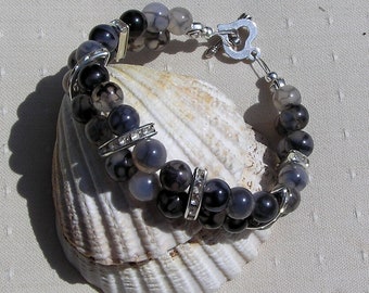 Black Veined Agate Gemstone Crystal Bracelet "Grey Mist", Black Bracelet, Gemini Bracelet, Chakra Bracelet, Summer Bracelet, Glamour