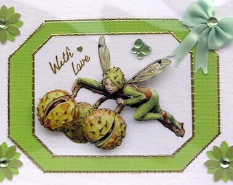 Chestnut Fairy - Hand Crafted 3D Decoupage Card, With Love (2547), Birthday Card, Fairy Card, Layered Card, Fantasy Card, Sister Card