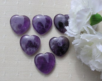 6 Purple Amethyst Solid Gemstone Puffy Polished Hearts - 20mm - Chakra - Reiki - Grid, Love Heart, Meditation Stone, Worry Bead