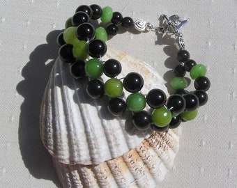 Black Onyx & Green Peridot Gemstone Woven Beaded Chakra Bracelet "Phillina", Chakra Bracelet, Black Bracelet, Green Bracelet, Woven Bracelet