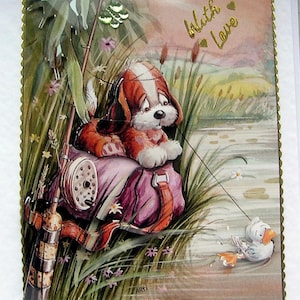 Lindo cachorro pescando - Tarjeta de felicitación hecha a mano con decoupage 3D - Con amor (2797), Animal, Naturaleza, Tarjeta de cumpleaños, Mascota, Cachorro, Pesca, Pato