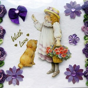Bloemenmeisje met puppy - handgemaakte 3D-decoupagewenskaart met liefde (2857), verjaardagskaart, gelaagde kaart, liefde, zus, hond, moeder