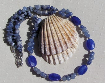 Natural Blue Sapphire & Blue Aventurine Gemstone Statement Necklace "Serene Blue", Chakra Necklace, Aventurine Necklace, Blue Necklace
