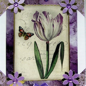 Lila Tulpenblüte, handgefertigte Decoupage Grußkarte, leer für jeden Anlass (2891), Layered Card, Gute Besserung Karte, Geburtstagskarte