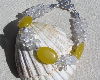 Yellow Jade & Clear Quartz Gemstone Crystal Beaded Bracelet "Sunflower Mist" Jade Bracelet, Libra Bracelet, Yellow Bracelet, Chakra Bracelet