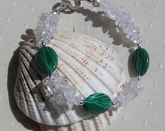 Malachite & Clear Quartz Crystal Gemstone Beaded Bracelet "Mallow Mist" Malachite Bracelet, Chakra Bracelet, Taurus Bracelet, Green Bracelet