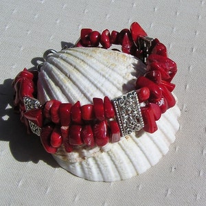 Natural Red Coral Gemstone Bracelet &quot;Symphony in Red&quot;, Coral Bracelet, Red Bracelet, Silver Bracelet, Shell Bracelet, Summer, Beach Bracelet