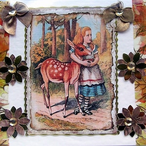 Alice im Wunderland mit Hirsch - Handgefertigte Decoupage Grußkarte, leer (2847), Geburtstagskarte, Märchenkarte, Märchenkarte, Fantasykarte