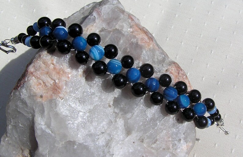 Black Onyx & Blue Jade Crystal Gemstone Woven Beaded Bracelet Neptune, Chakra Bracelet, Black Bracelet, Blue Bracelet, Woven Bracelet image 3