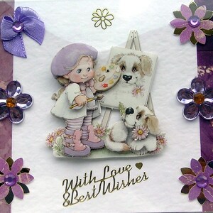 Künstler-Welpen-Porträt-Mädchen - Handgefertigte 3D-Decoupage-Grußkarte - Mit Liebe (2803), Geburtstagskarte, Liebe, Schwester, Welpe