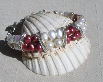 Red & White Freshwater Pearl Glamour Crystal Bracelet "Strawberry Crush", White Bracelet, Glamour Bracelet, Silver Bracelet, Wedding Jewelry