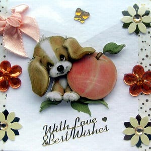Tarjeta de felicitación "Cachorro juguetón" - Tarjeta de felicitación hecha a mano con decoupage 3D - Con amor y mis mejores deseos (2802) Animal, Naturaleza, Tarjeta de cumpleaños, Mascota, Cachorro, Melocotón