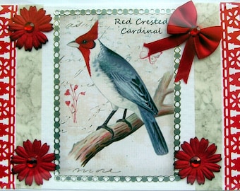 Red Cardinal Bird - Hand Crafted Decoupage Card - Blank for any Occasion (2441) Bird, Nature, Dad Birthday, Wildlife, Ornithology, Garden