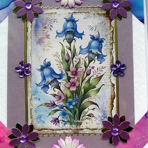Campanule d'automne bleue et fleurs sauvages roses, carte de voeux de découpage fabriquée à la main, carte multicouche vierge (2884), carte de rétablissement, carte d'anniversaire, sympathie
