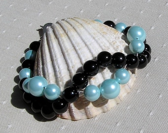 Black Onyx & Turquoise Shell Pearl Crystal Gemstone Wave Bracelet "Azure Sunset" Black Bracelet, Chakra Bracelet, Shell Bracelet