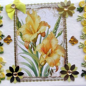Fleur de glaïeul jaune, carte de découpage fabriquée à la main, blanc pour toutes les occasions (2757), carte superposée, carte de rétablissement, carte d'anniversaire, carte de fleurs
