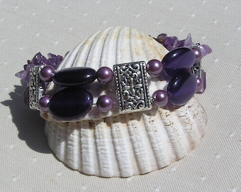 Amethyst & Purple Shell Pearl Chunky Gemstone Crystal Bracelet "Velvet Dusk", Amethyst Bracelet, Purple Bracelet, Pearl Bracelet, chunky