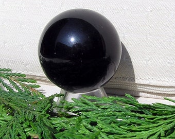 Black Obsidian Solid Gemstone Sphere - 50mm Diameter with Display Stand, Chakra Crystal, Meditation Sphere, Obsidian Sphere, Black Orb