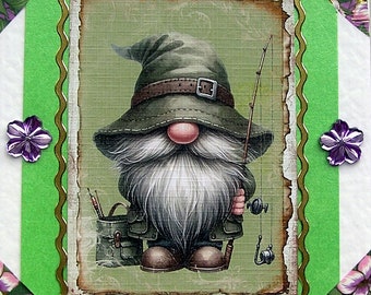 Fishing Gnome - Hand Crafted Decoupage Greeting Card, Blank for any Occasion (2680), Birthday Card, Fairy Card, Layered Card, Fantasy Card