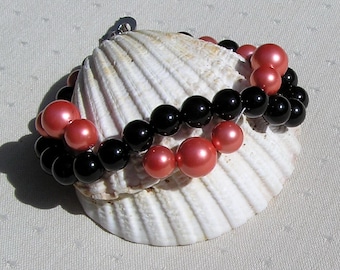 Black Onyx & Coral Shell Pearl Crystal Gemstone Wave Bracelet "Nevada Sunset" Black Bracelet, Pink bracelet, Chakra Bracelet, Shell Bracelet