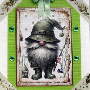 Gnomo da pesca - Biglietto d'auguri decoupage realizzato a mano, Vuoto per ogni occasione (2678), Biglietto di compleanno, Biglietto fata, Biglietto a strati, Biglietto fantasy
