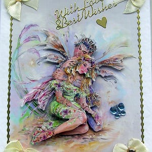Fee - handgemaakte 3D-wenskaart voor decoupage, met liefde en beste wensen (2827), verjaardag, gelaagde kaart, fantasiekaart, Moederdag, geliefden
