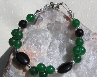 Green Agate & Black Onyx Crystal Gemstone Bracelet "Hellebore", Green Bracelet, Black Bracelet, Chakra Bracelet, Leo Bracelet, Chunky