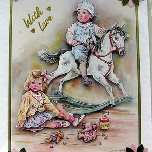 Handgefertigte 3D Decoupage Karte - Kinder spielen mit Schaukelpferd „With Love“ (2808), Geburtstagskarte, Spielkarte, zwei Lagen Karte