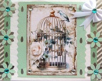 Turquoise Flower Birdcage, Hand Crafted Decoupage Card, Blank for any Occasion (2565) Layered Card, Get Well Card, Birthday Card Flower Card