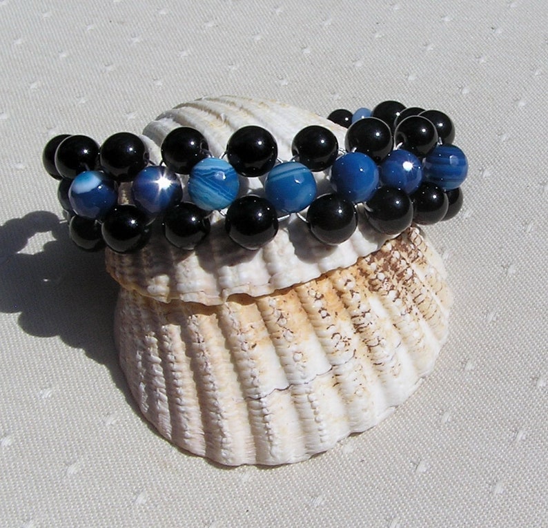 Black Onyx & Blue Jade Crystal Gemstone Woven Beaded Bracelet Neptune, Chakra Bracelet, Black Bracelet, Blue Bracelet, Woven Bracelet image 7