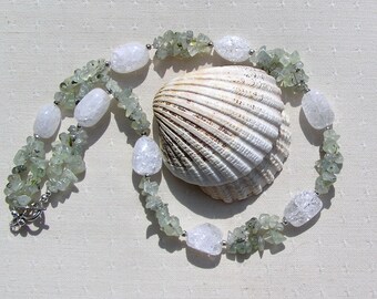 Green Prehnite & Crackled Clear Quartz Crystal Gemstone Necklace "Lismore Mist", Green Necklace, Chakra Necklace, Quartz Necklace