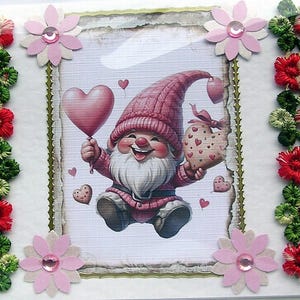 Rosa Herzzwerg handgefertigte Decoupage Grußkarte, Grußkarte, Geburtstagskarte, Märchenkarte, Märchenkarte, Fantasykarte, blanko für jeden Anlass