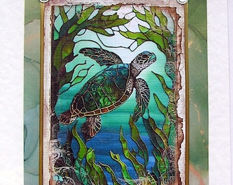 Sea Turtle - Hand Crafted Decoupage Card - Blank for any Occasion (2611) Turtle, Tortoise, Nature, Fathers Day, Wildlife, Ocean, Reptile