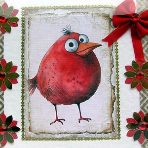 Chubby Comical Red Cardinal Bird - Tarjeta de decoupage hecha a mano - En blanco para cualquier ocasión (2696) Pájaro, Naturaleza, Vida Silvestre, Ornitología, Jardín