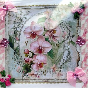 Orchidée rose en fleurs, carte de voeux de découpage fabriquée à la main, vierge pour toutes les occasions (2865), carte superposée, carte de rétablissement, carte d'anniversaire