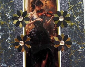 Niña tocando el violín – Tarjeta de felicitación en blanco con técnica de decoupage hecha a mano (3420) Cumpleaños