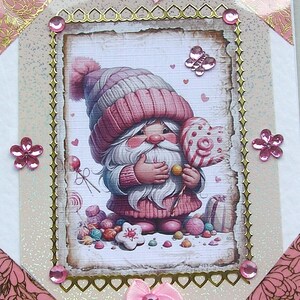 Rosa Herzzwerg handgefertigte Decoupage Grußkarte, Grußkarte, Geburtstagskarte, Märchenkarte, Fantasykarte, blanko für jeden Anlass (2762).