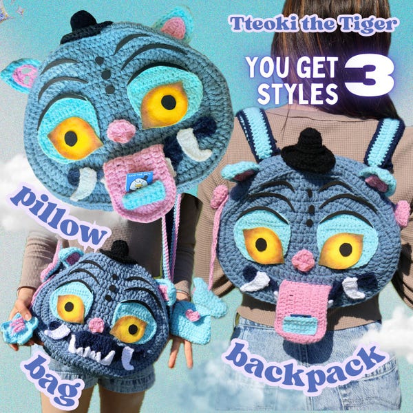 TTEOKI the TIGER Bag, Backpack, Pillow, Plushie l inspired by Derpy the Tiger K-pop Demon Hunters, KDH, Crochet Pattern