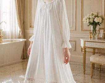 French Victorian Nightgown, Cottagecore Coquette Long Sleepwear, Princess Fairy Nightdress, Vintage Loose Cotton Lounge Robe