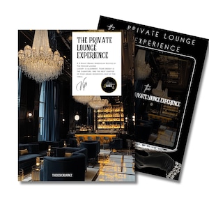 May include: Two images showcasing a luxury lounge experience. One image features a dimly lit lounge with chandeliers, seating, and a bar. The other image displays the text "The Private Lounge Experience" with a VIP logo.