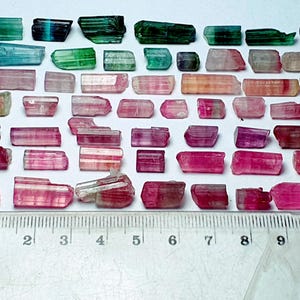 May include: A collection of raw tourmaline crystals in various colors, including green, blue, pink, and red. The crystals are arranged on a white surface next to a ruler marked in centimeters, with the longest crystal measuring approximately 1 inch.