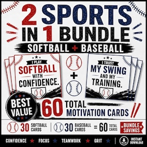 Peut inclure: Un lot numérique de 60 cartes de motivation pour le softball et le baseball. Le graphique présente du texte rouge et bleu indiquant 2 SPORTS IN 1 BUNDLE, SOFTBALL + BASEBALL et 60 TOTAL MOTIVATION CARDS. Inclut 30 cartes de softball et 30 de baseball.