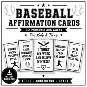 Peut inclure: Un ensemble de 30 cartes d'affirmation de baseball imprimables de 7,62x12,7 cm en noir et blanc. Chaque carte présente du texte de motivation, des graphiques de baseball et des silhouettes de joueurs, incluant des phrases comme I trust my work.