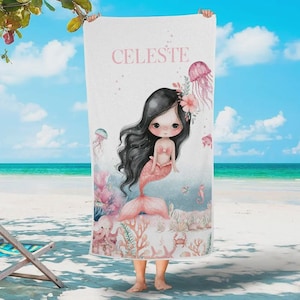 Toalla de playa personalizada con sirena y nombre: accesorio para vacaciones de verano, mar, piscina, idea de regalo para niñas
