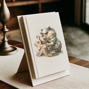 May include: A cream-colored hardcover book displayed on a stand, featuring a printed illustration of a badger wearing glasses and a green coat, examining a map on a tree stump with a magnifying glass, with a stack of books nearby.