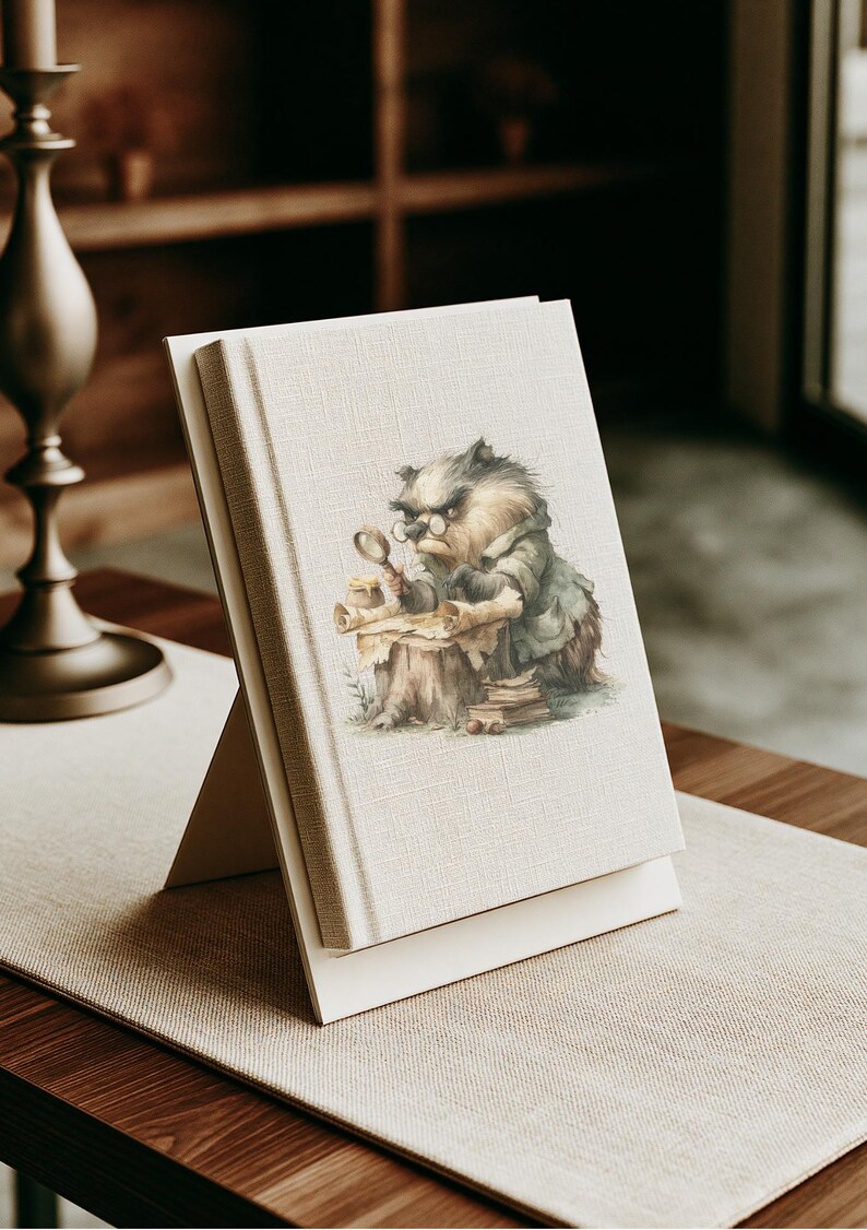 May include: A cream-colored hardcover book displayed on a stand, featuring a printed illustration of a badger wearing glasses and a green coat, examining a map on a tree stump with a magnifying glass, with a stack of books nearby.