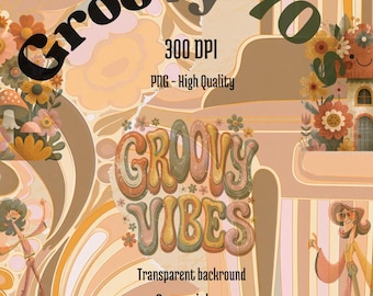 70s Groovy Retro Botanical Graphics Pack – Distressed Texture PNG (Digital Download)
