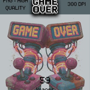 May include: A digital illustration of two retro arcade joysticks with pink and blue weathered bases, featuring glowing neon coils and screens displaying the text GAME OVER. The image includes the text Joystick, PNG - HIGH QUALITY, 300 DPI, 59 Images, Transparent Backround, and Comercial Use.